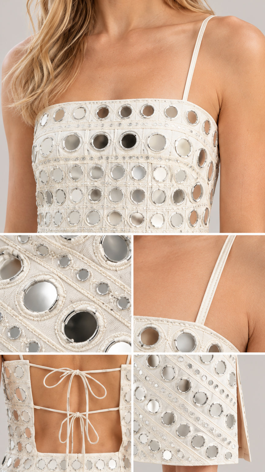 Close-up details of reflective mirror discs, skinny straps, and back lace-up construction