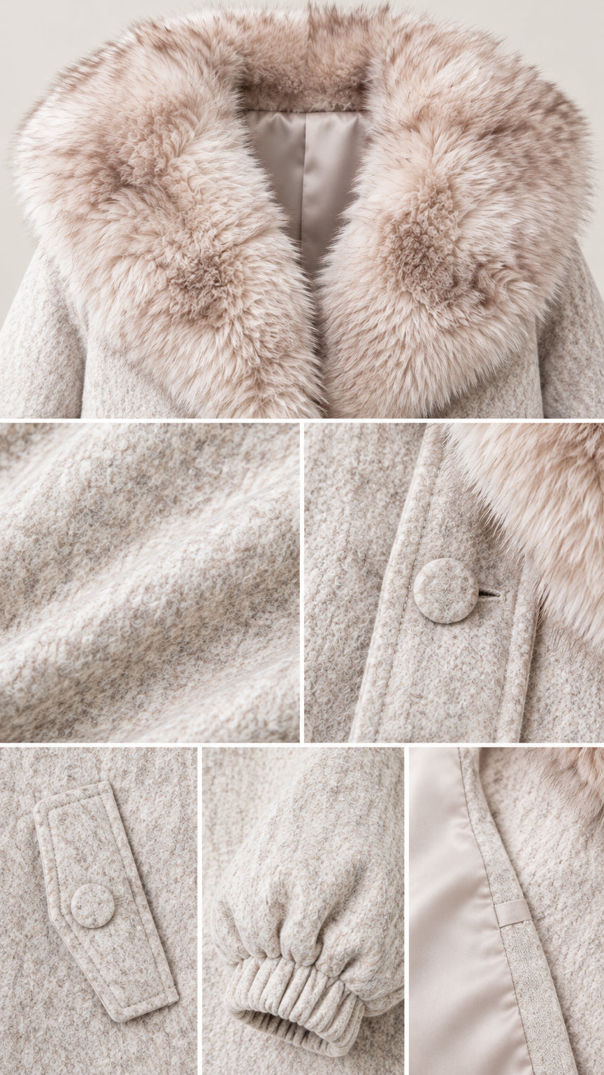 Close-up details of faux fur collar, textured fabric, button closure, and pocket