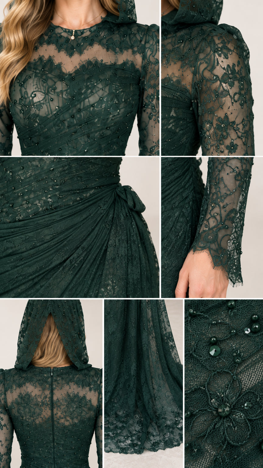 Close-up details of lace neckline, beaded embroidery, and sheer long sleeves