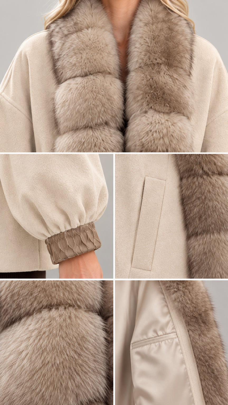 Close-up details of faux fur collar, patterned cuff, pocket, and lining
