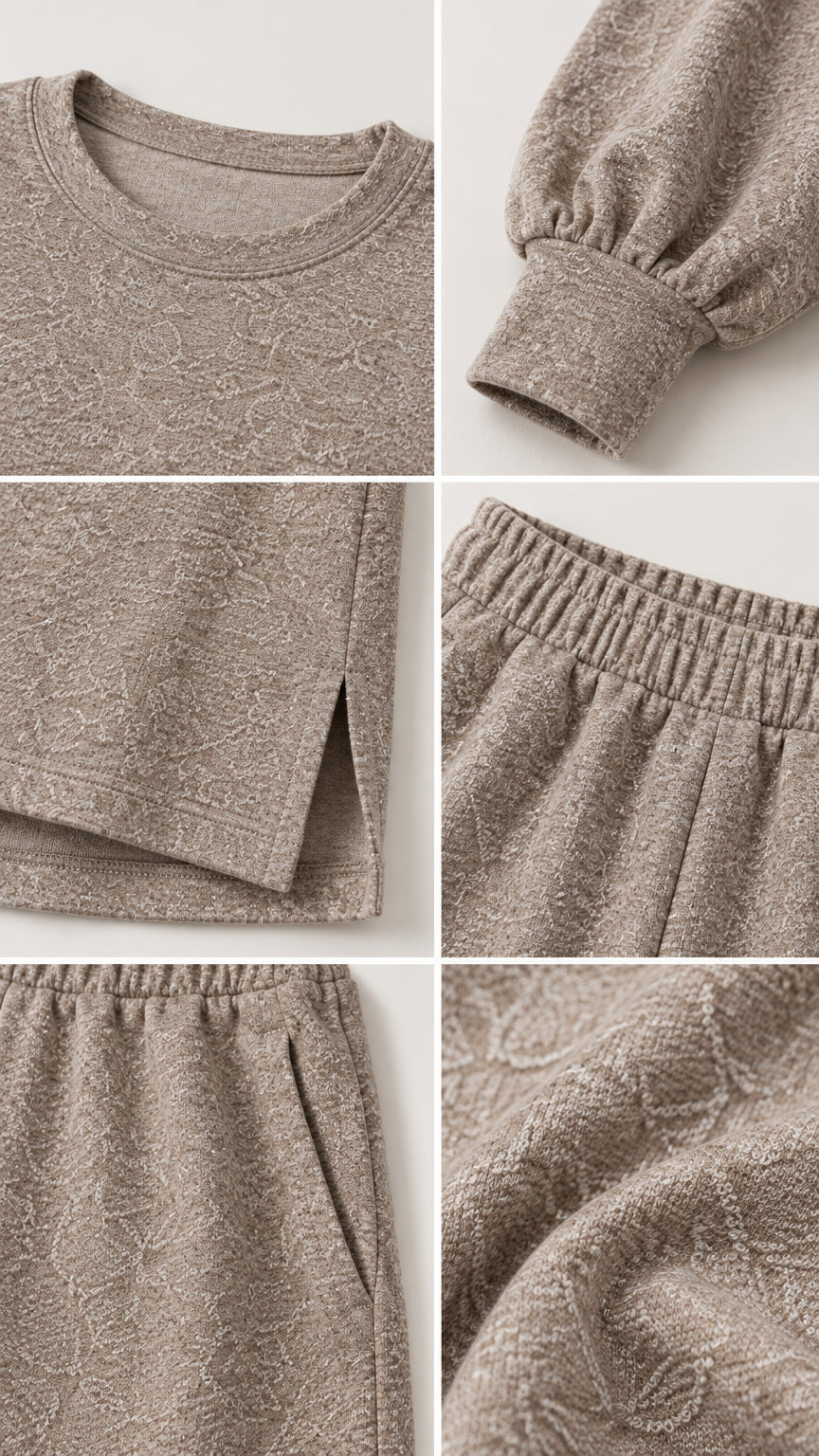 Close-up details of crew neckline, lantern cuffs, side slit hem, elastic waistband, pocket, and textured knit pattern