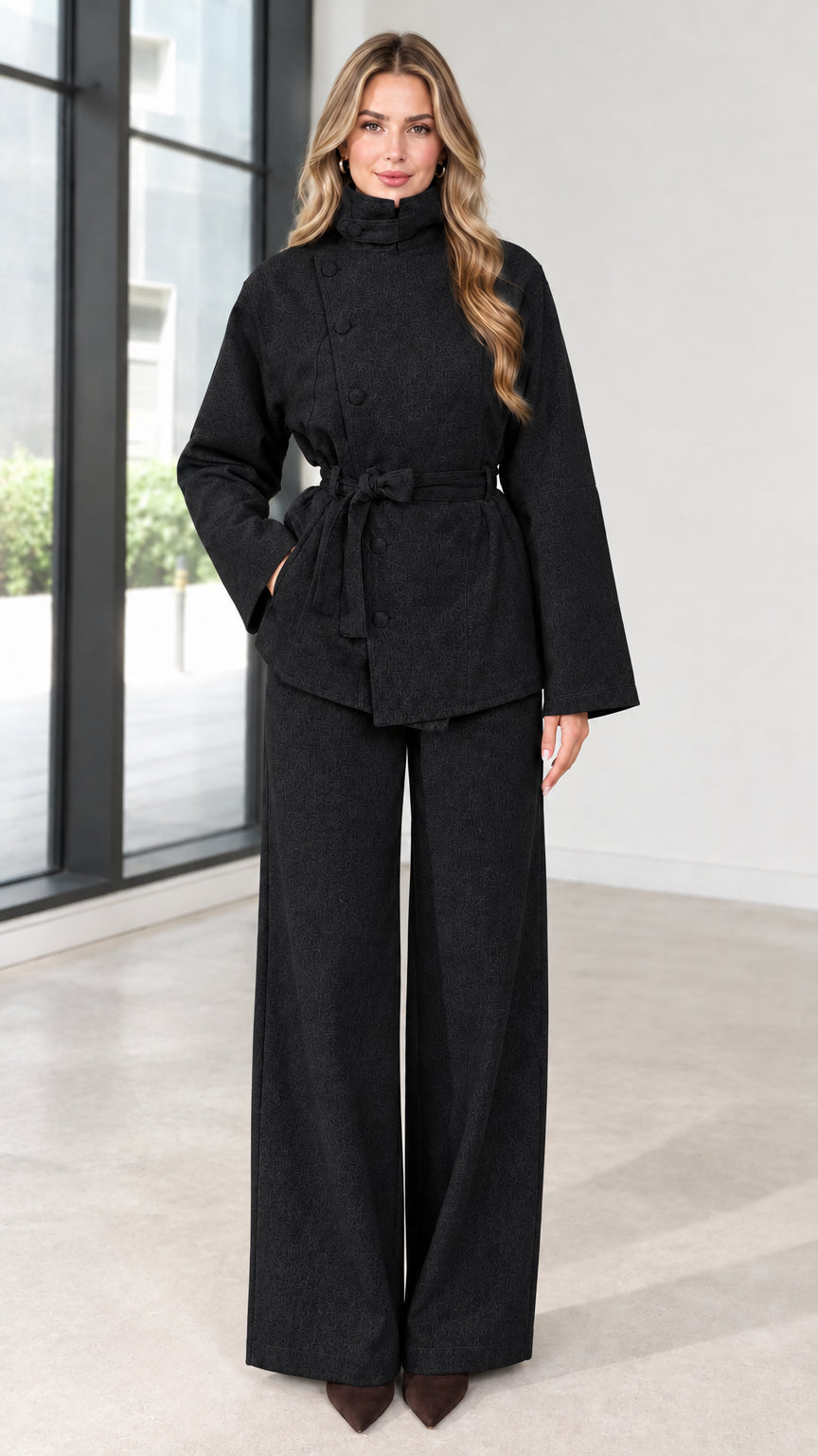 Full view of women's black asymmetrical belted jacket and wide-leg pants set