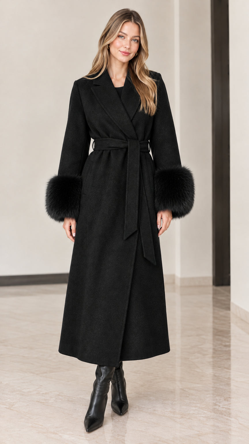 Front view of model wearing classic black maxi wrap coat with matching black faux fur cuffs