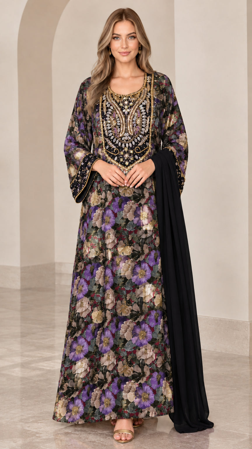 Black floral embellished kaftan dress with attached dark sash