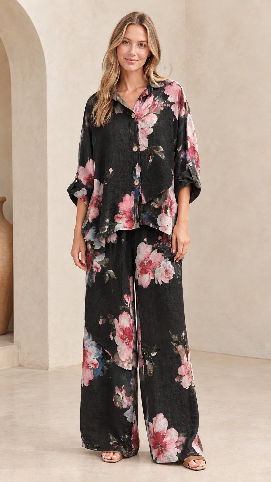 Black floral print button-down shirt and wide-leg trousers two-piece set