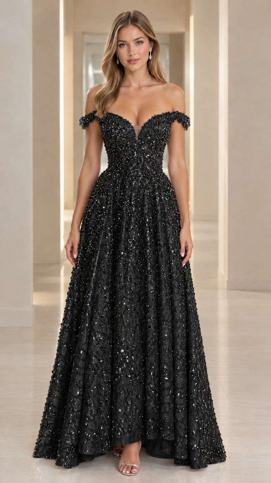 Model wearing black off-the-shoulder sequin embellished formal gown