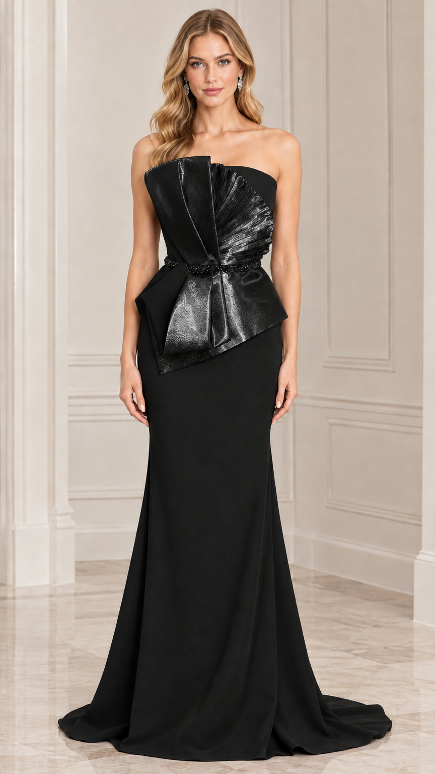Black strapless mermaid evening gown with shimmering black pleated bodice detail