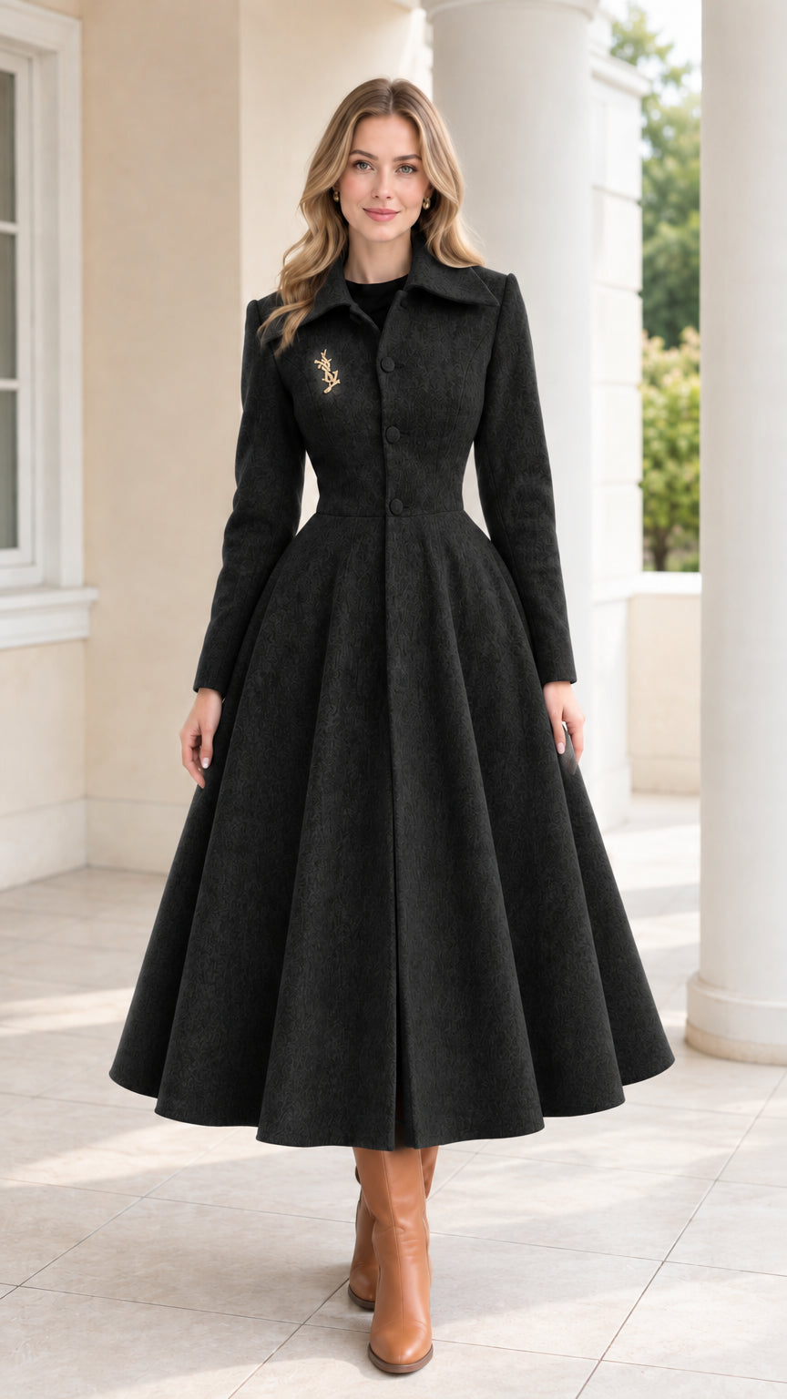 Front view of model wearing black A-line long swing coat