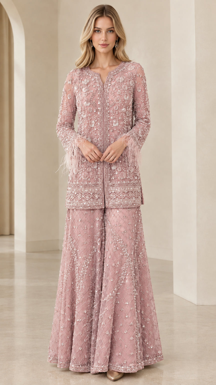 Model wearing dusty pink beaded tunic and matching wide-leg trousers set