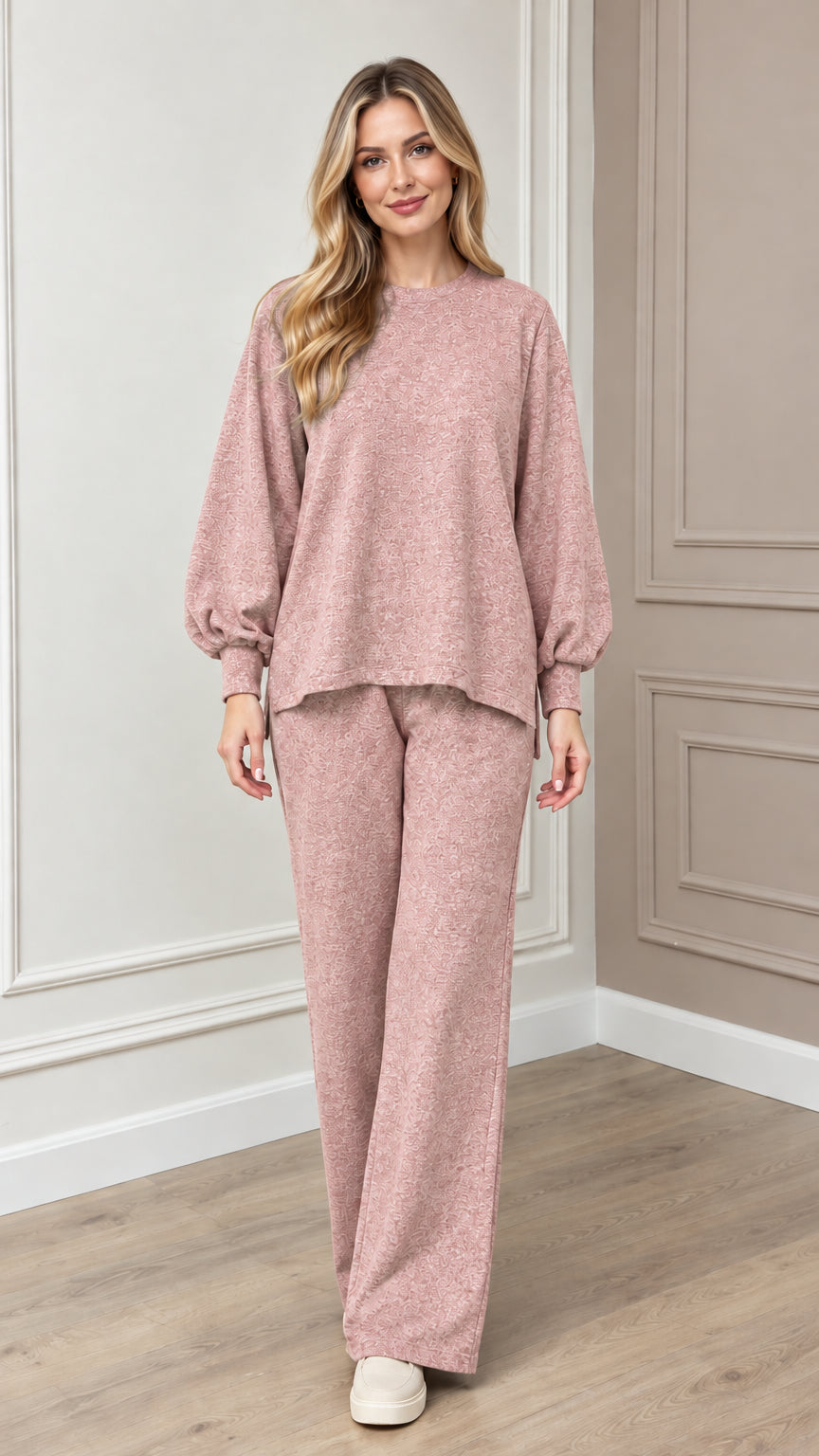 Model wearing dusty pink textured knit two-piece lounge set