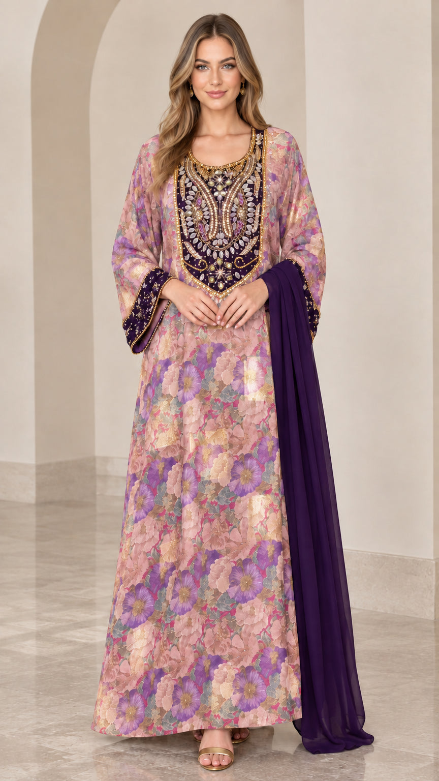 Blush pink floral embellished kaftan maxi dress with purple sash