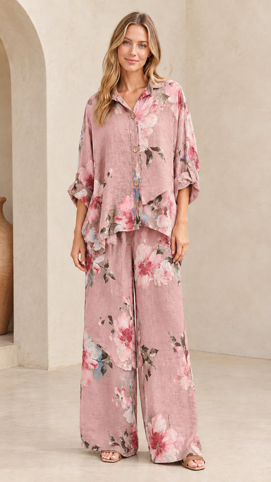 Dusty Pink floral matching button-up shirt and relaxed pants set