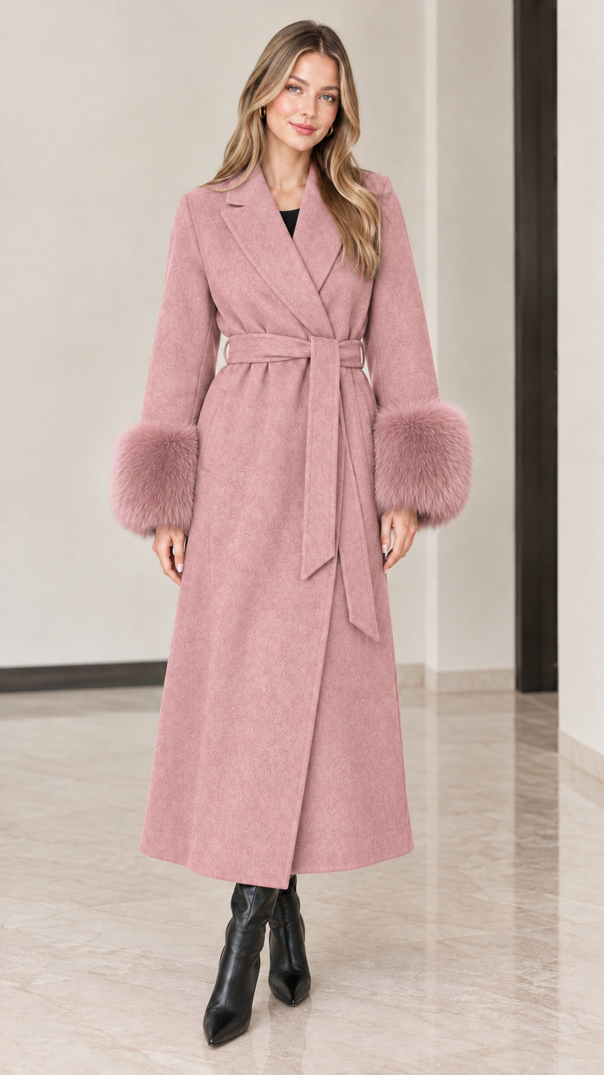 Front view of model wearing dusty pink long belted coat with tonal faux fur cuffs