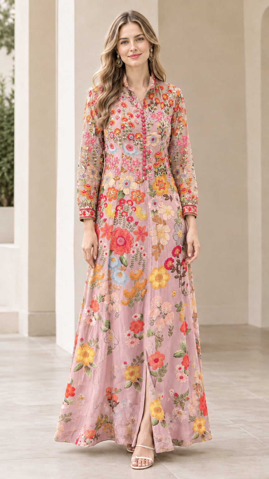 Front full-length view of model wearing dusty pink floral print maxi dress