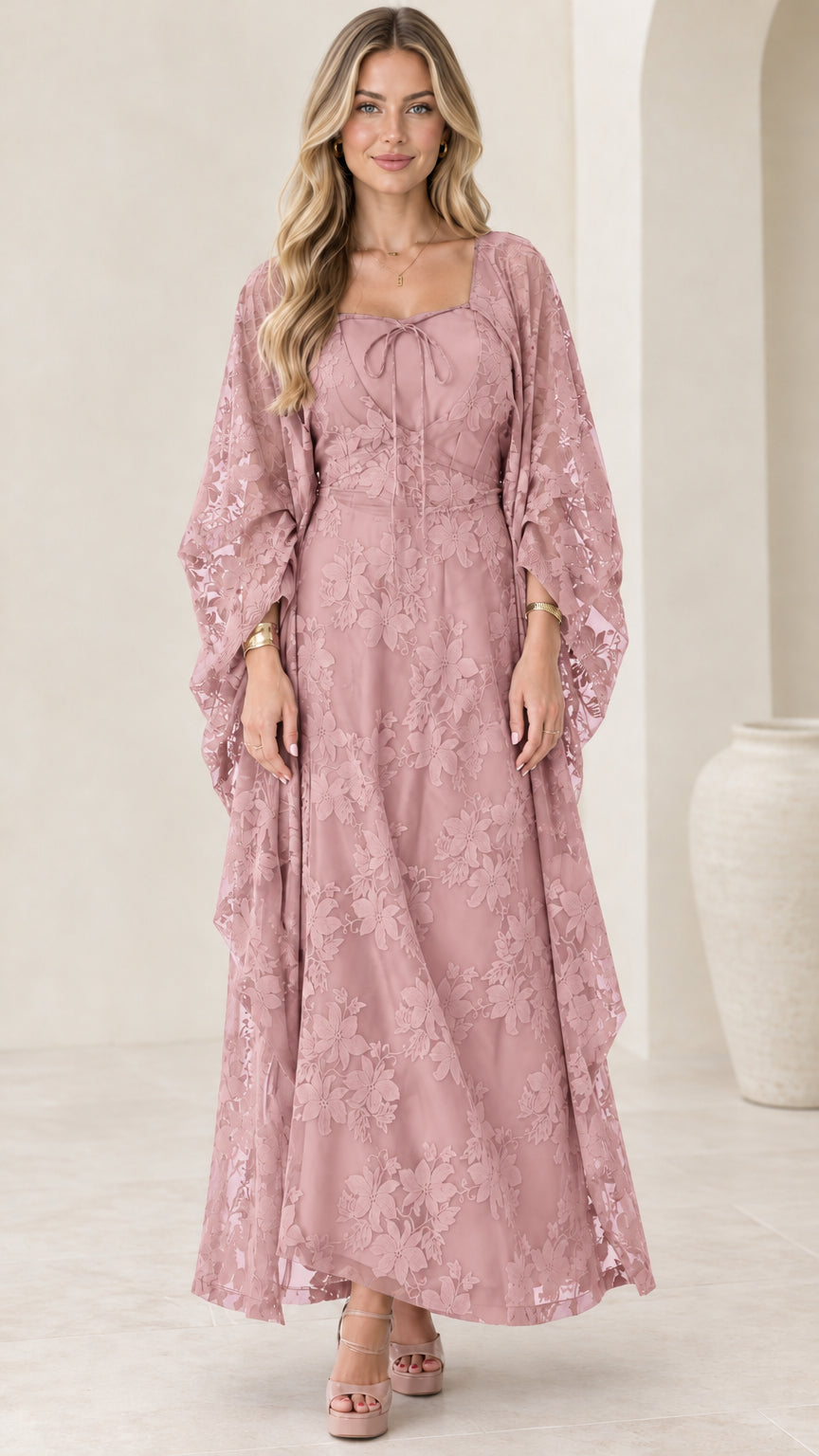 Front full view of dusty rose floral lace maxi dress with tie neckline