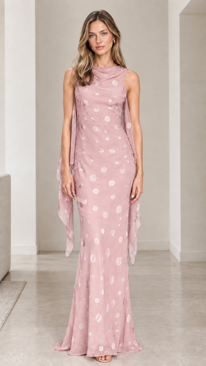 Dusty pink polka dot cowl neck maxi dress front view