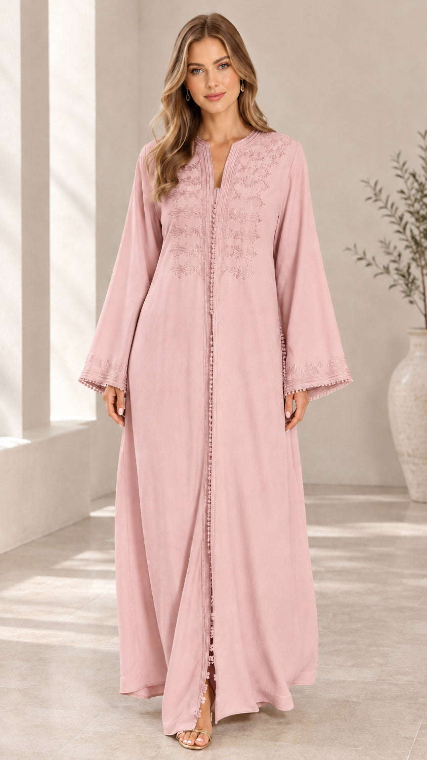 Dusty pink embroidered flowing maxi abaya dress