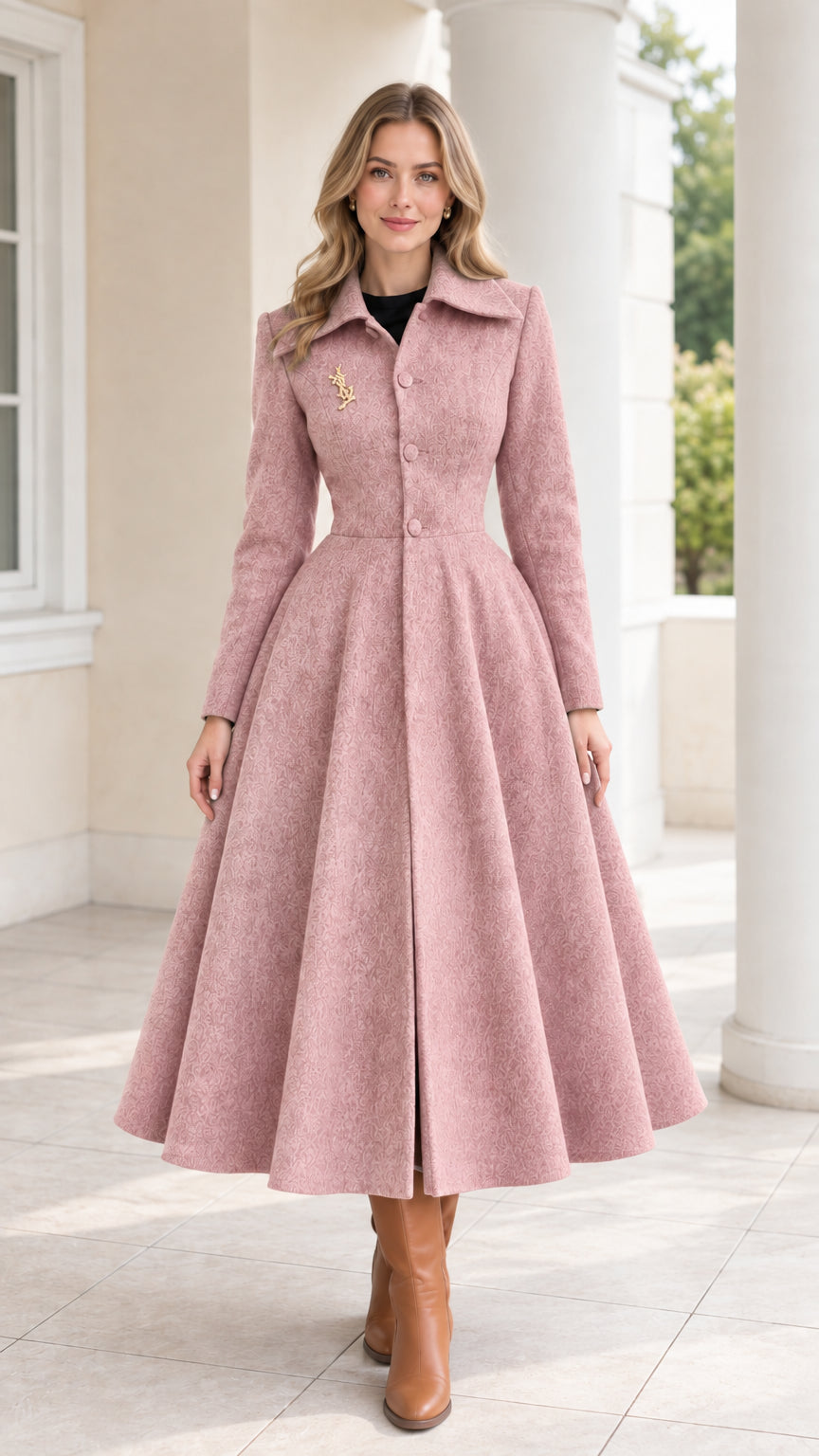Front view of model wearing dusty pink vintage swing maxi coat