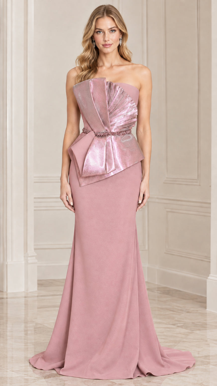 Dusty rose pink strapless formal maxi dress with metallic pleated accent