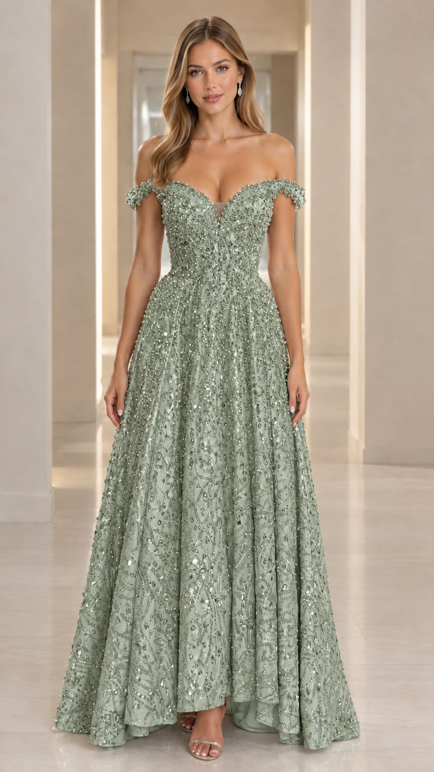 Model wearing sage green off-the-shoulder embellished evening gown