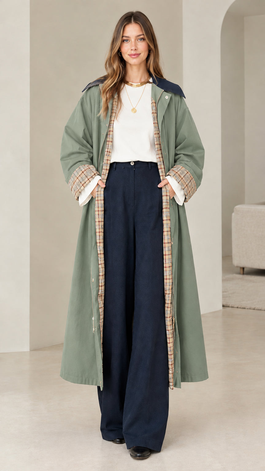 Front view of model wearing sage green maxi trench coat with contrast navy collar