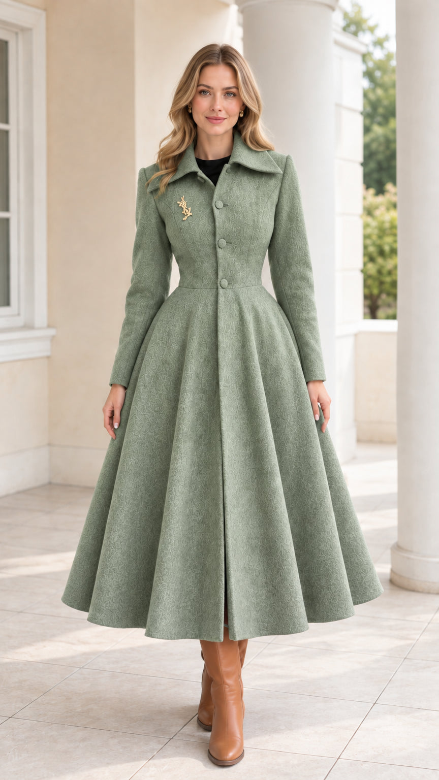 Front view of model wearing sage green long swing coat with flared hem