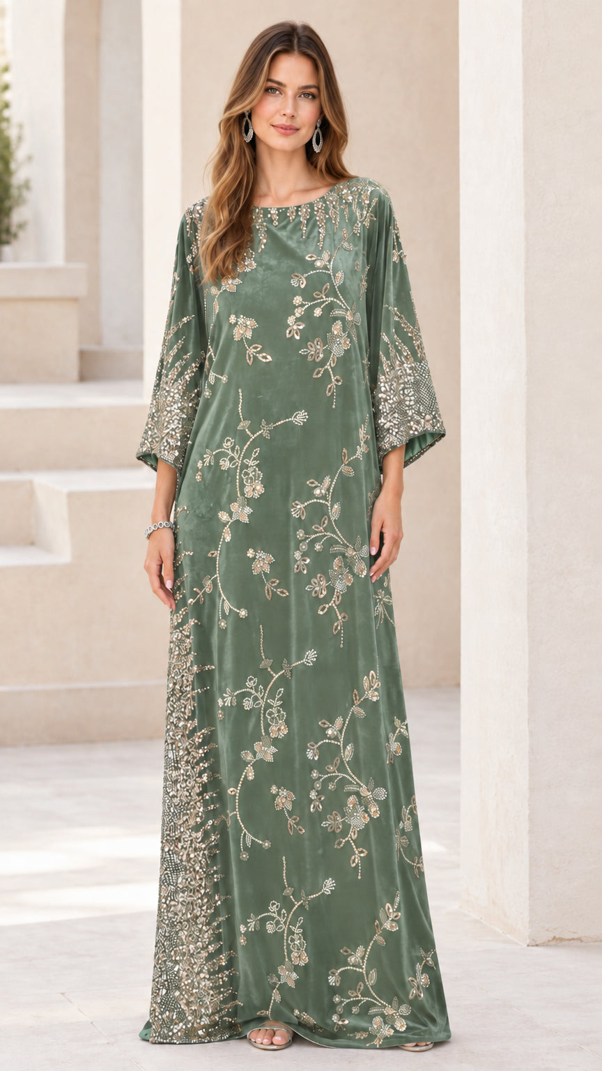 Front view of sage green embellished velvet kaftan maxi dress