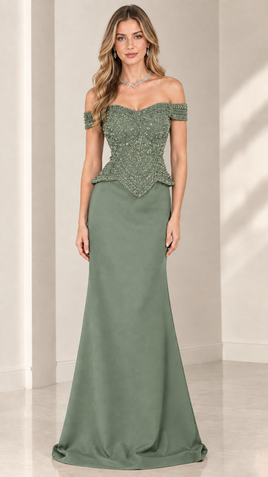 Front view of sage green off-the-shoulder beaded evening gown
