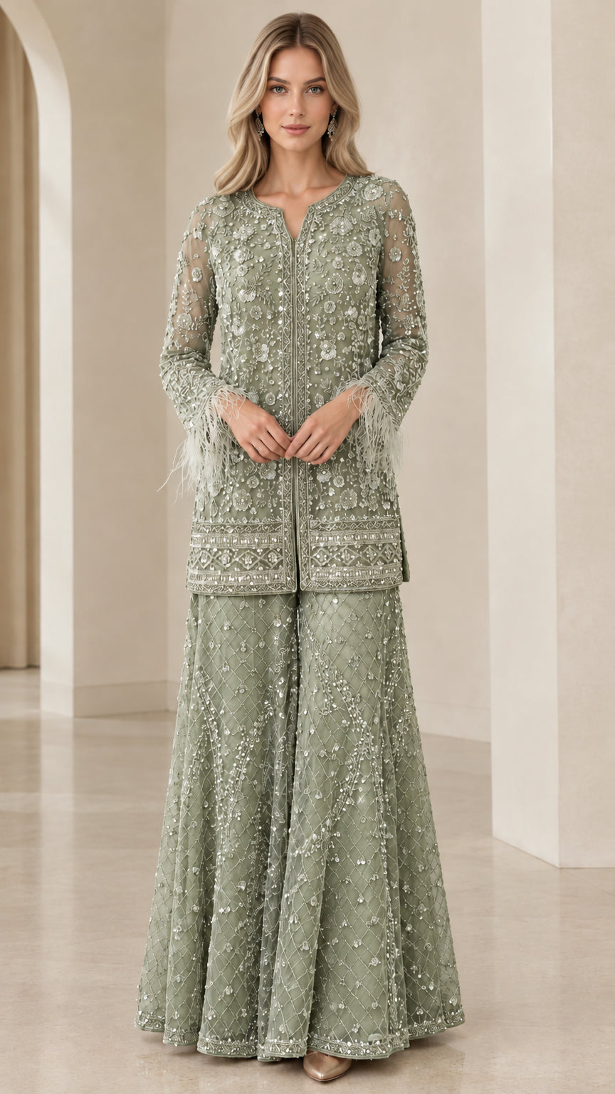 Model wearing sage green sequin-embellished long tunic and palazzo pants set