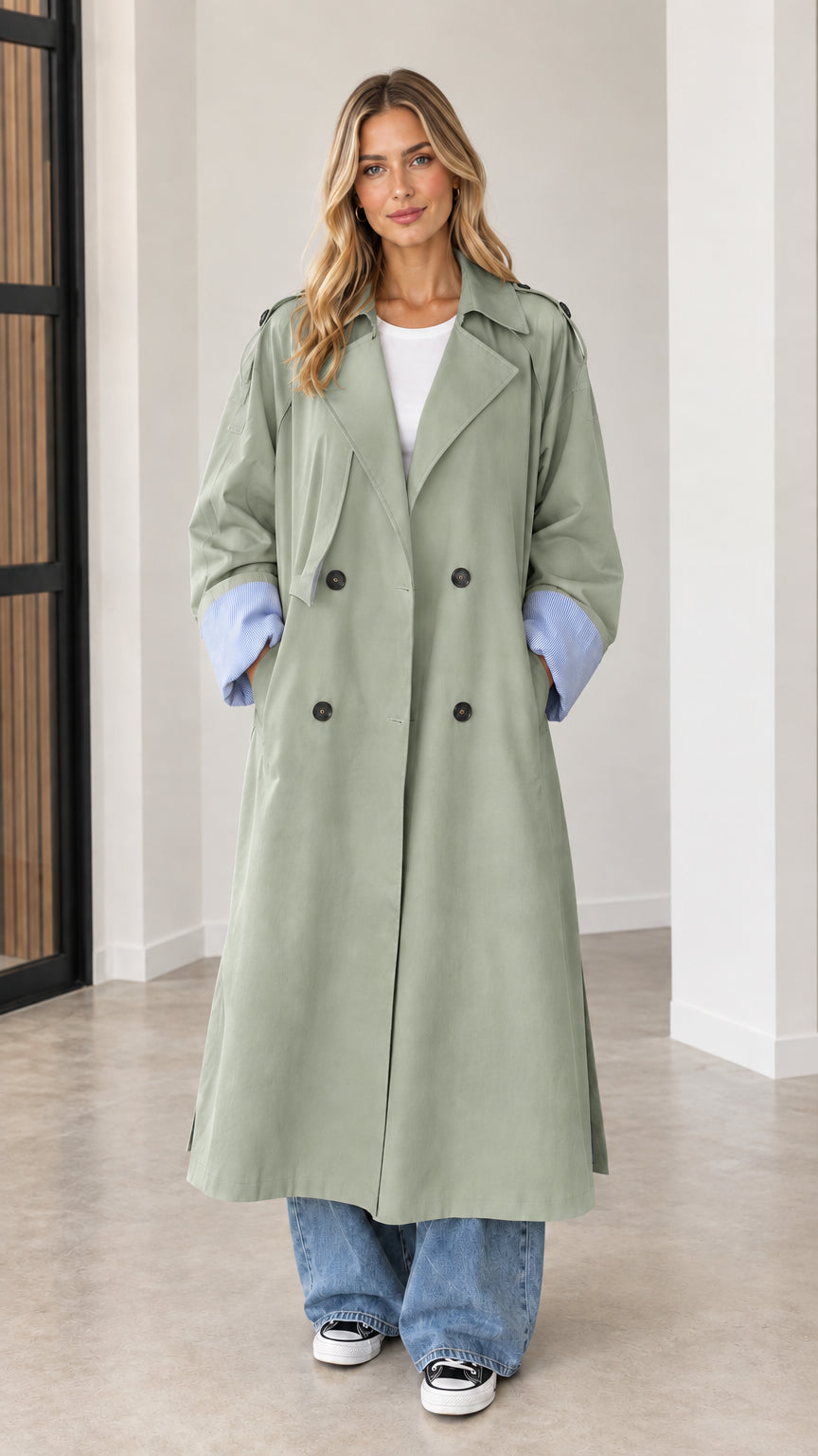 Front full view of sage green longline trench coat styled with wide-leg jeans