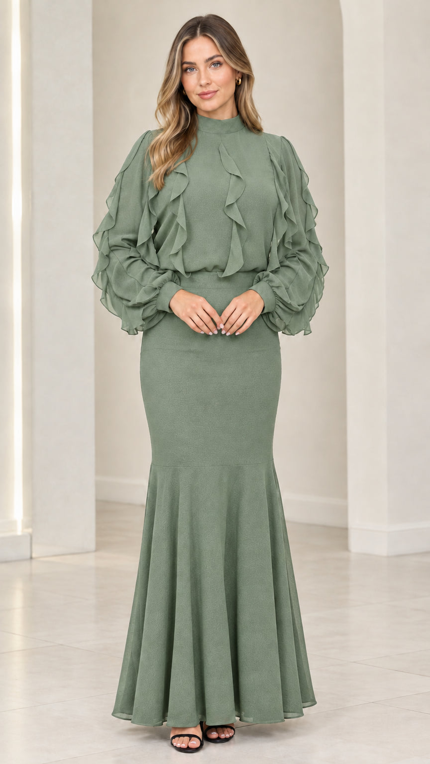 Sage green mock neck ruffle sleeve mermaid evening maxi dress