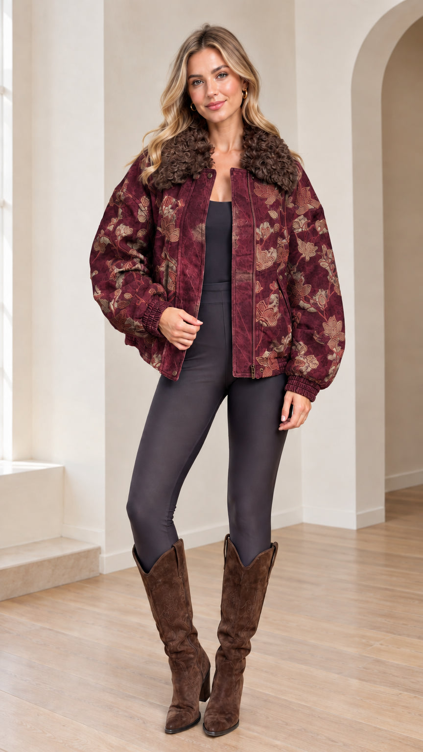 Front view of woman wearing Maroon floral embroidered bomber jacket with faux fur collar