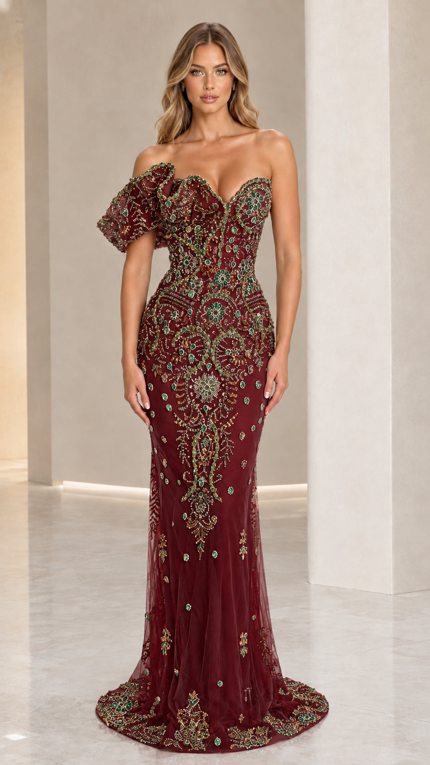 Burgundy wine red beaded floor-length mermaid gown with asymmetric detail