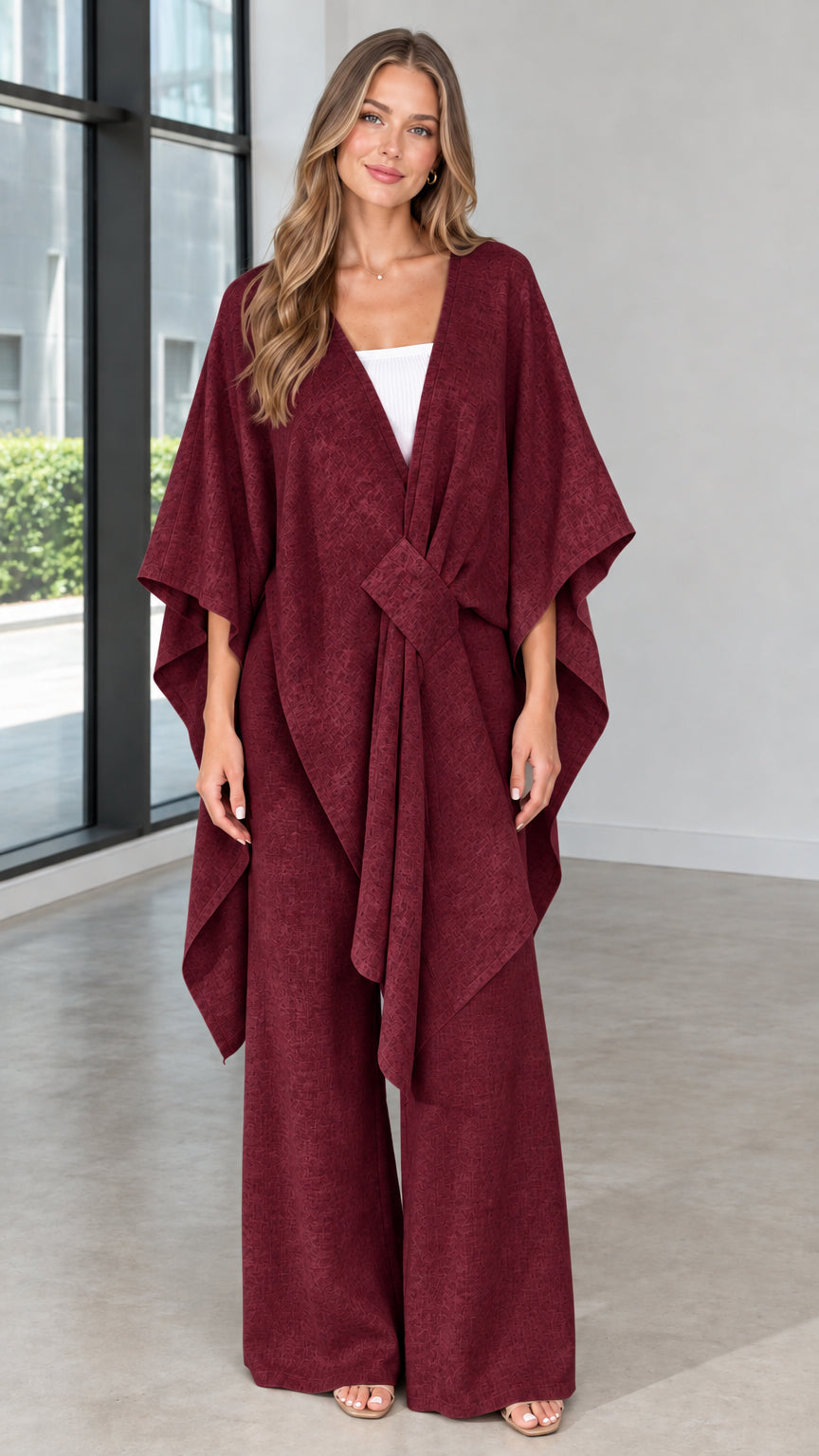 Front view of woman wearing burgundy draped kimono top and wide leg pants set
