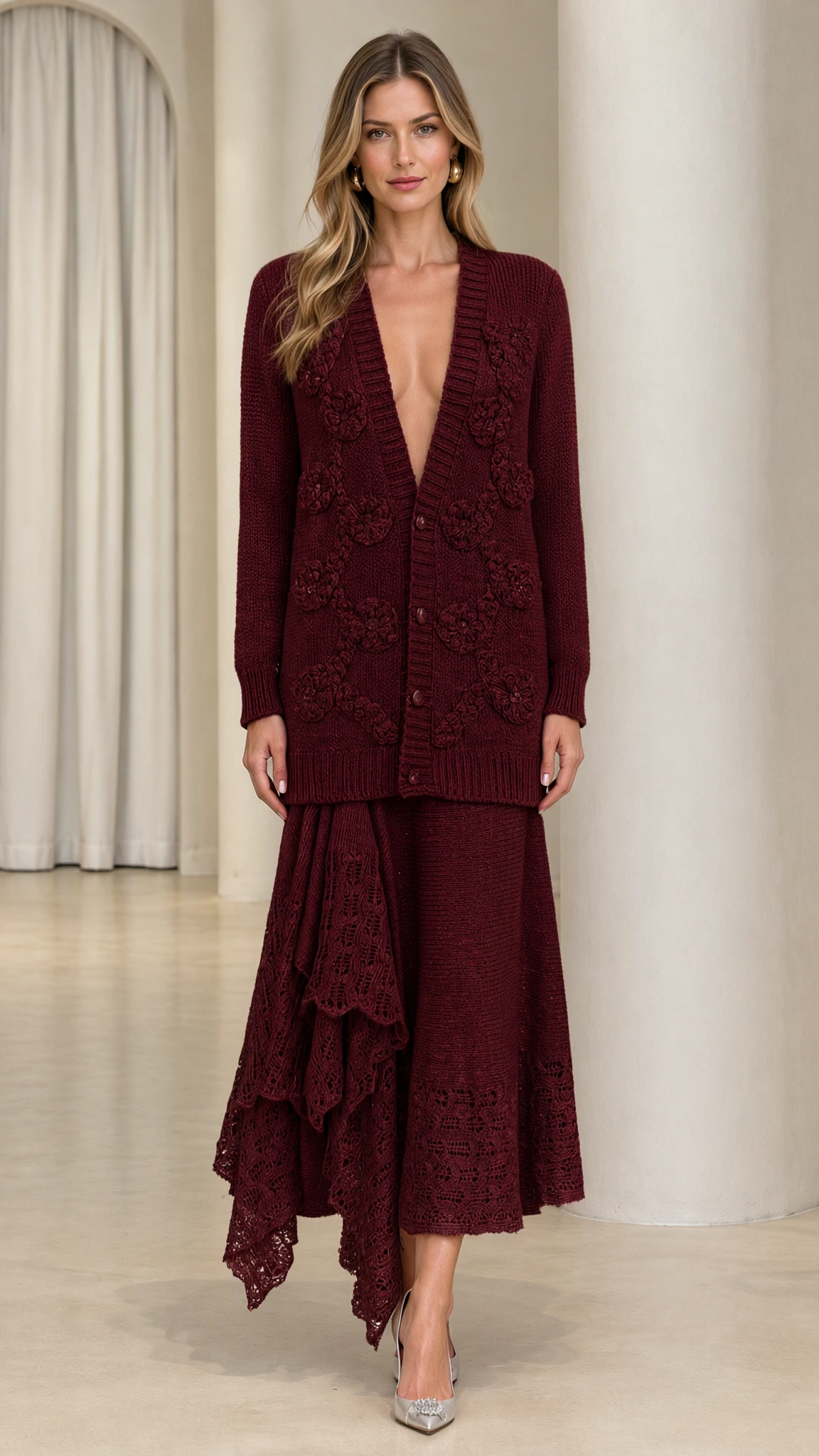 Model wearing burgundy red floral applique cardigan and tiered lace midi skirt set