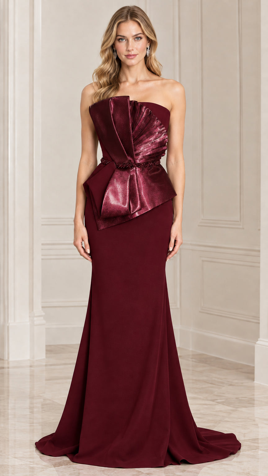 Burgundy wine strapless mermaid formal dress with shimmering bodice accent