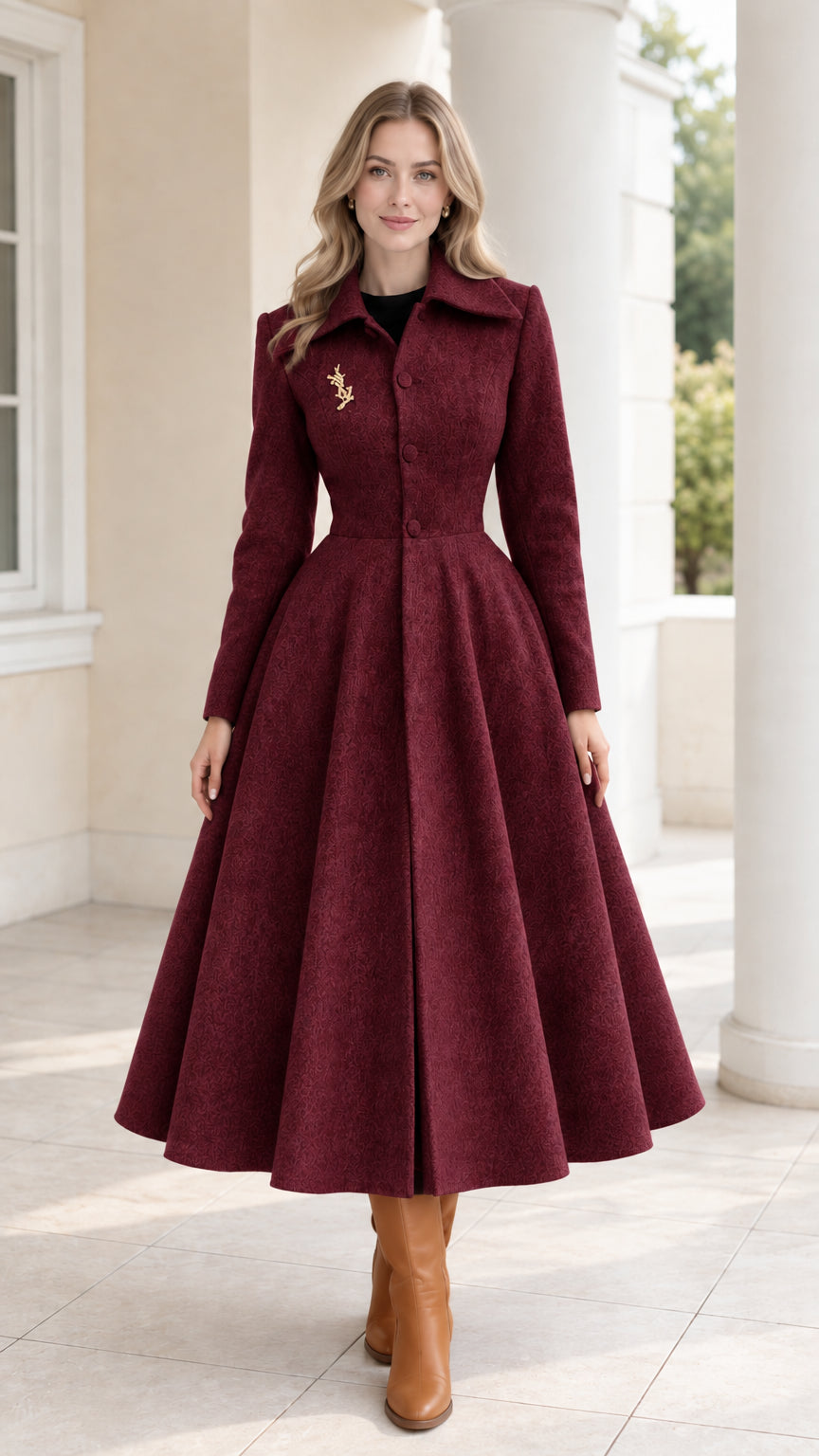 Front view of model wearing burgundy red A-line swing coat