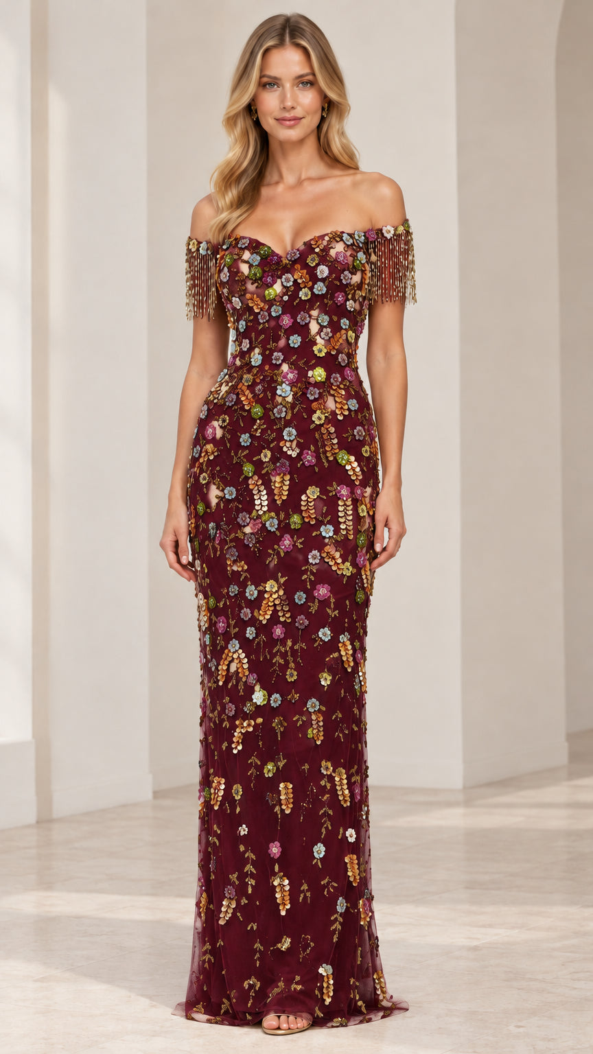 Burgundy wine embellished evening gown with off-the-shoulder beaded details