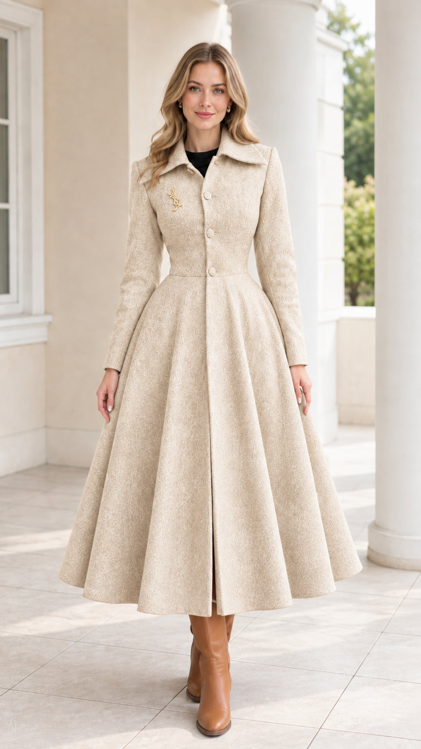 Front view of model wearing beige oatmeal textured vintage swing coat