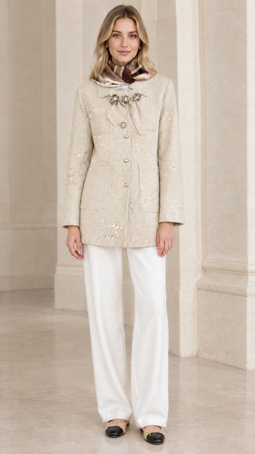 Full front view of model wearing champagne beige sequin embellished tweed jacket