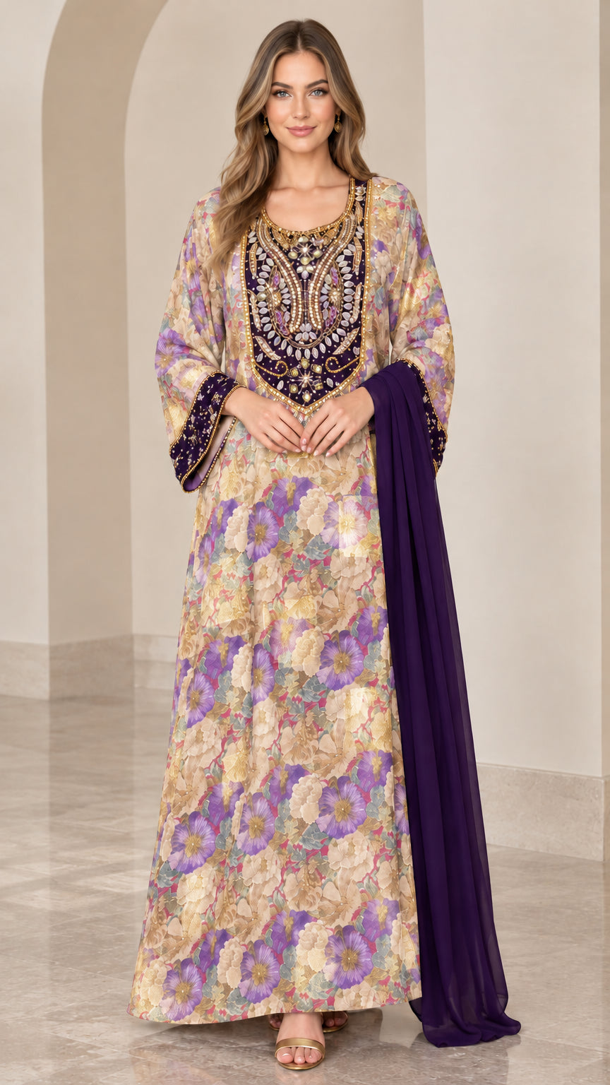 Golden purple floral embellished kaftan dress full view