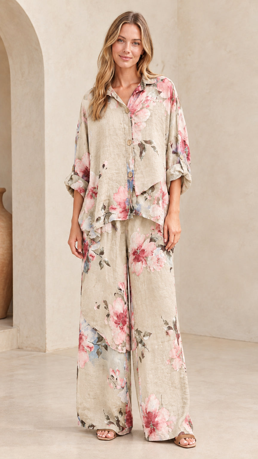 Beige floral print linen-look two-piece co-ord set