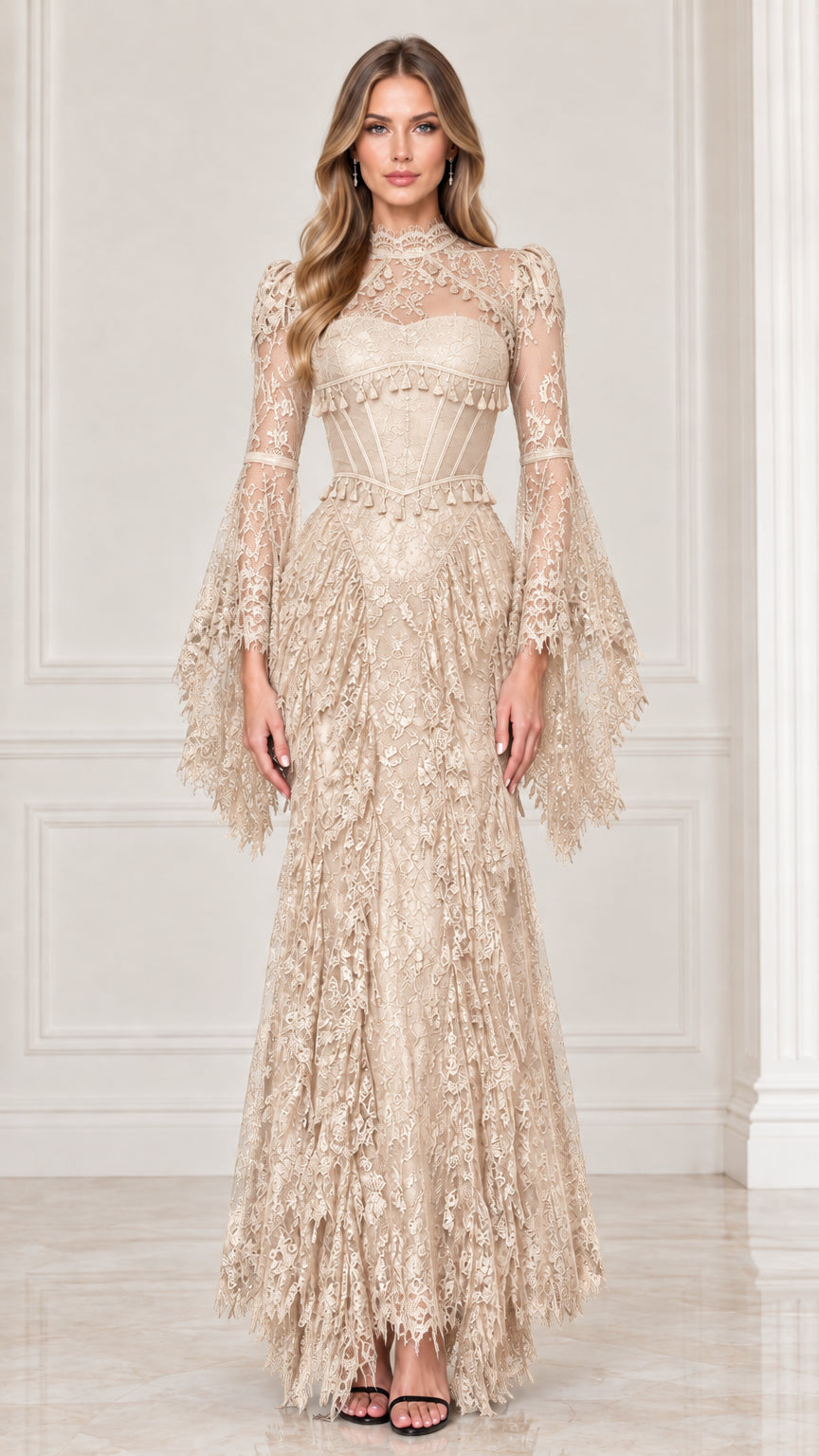 Champagne beige lace formal maxi gown with structured bodice and bell sleeves