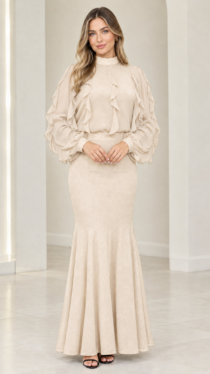 Champagne beige mock neck ruffle sleeve mermaid evening maxi dress